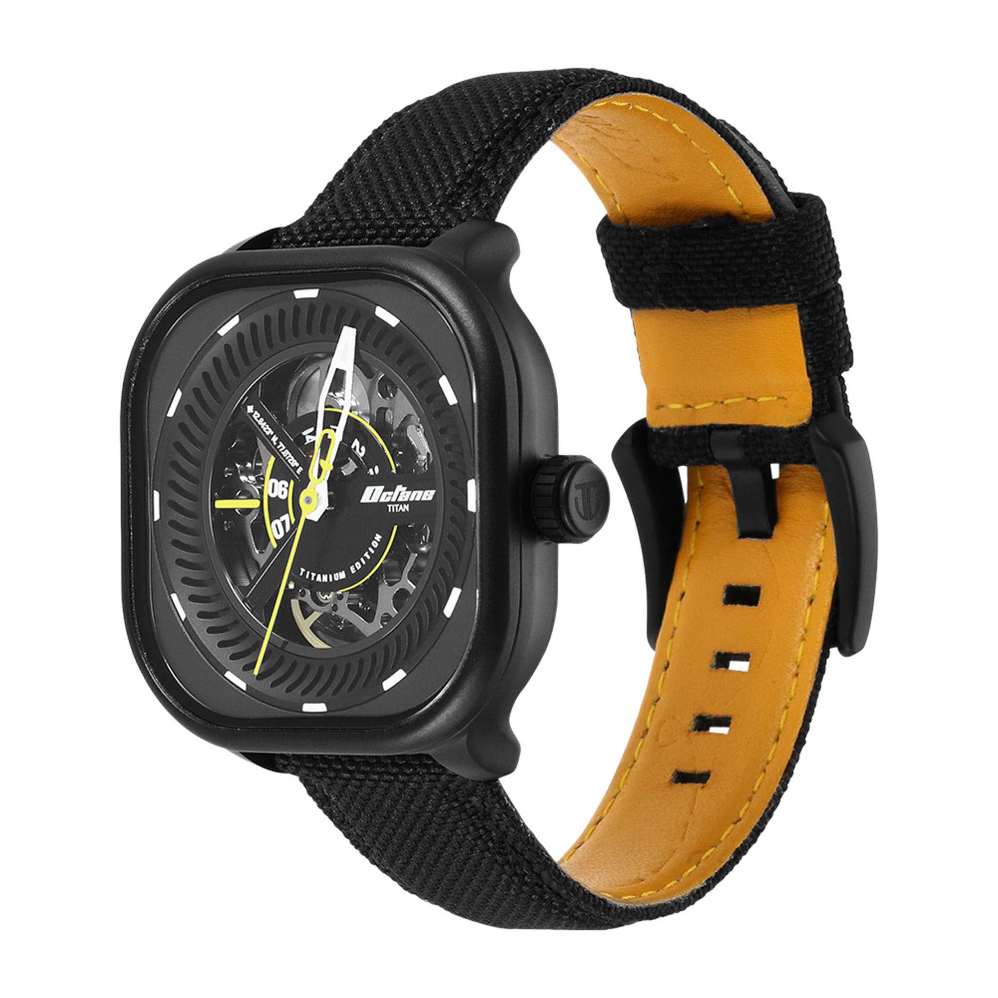Titan Octane Black Square Dial Fabric Strap Automatic Quartz Watch for Men