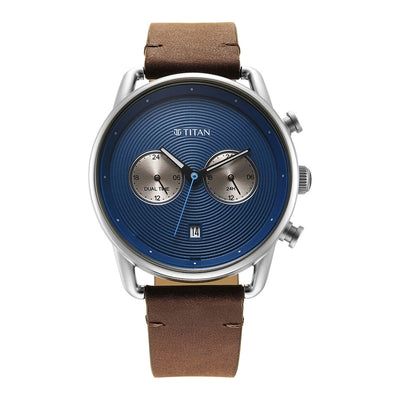 Titan Blue Dial Brown Leather Strap Analog Quartz Watch for Men
