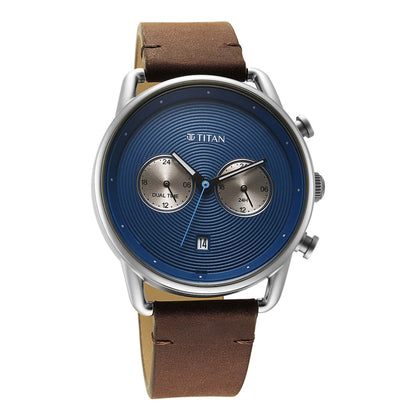 Titan Blue Dial Brown Leather Strap Analog Quartz Watch for Men