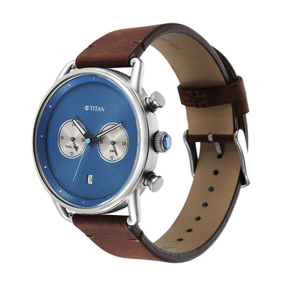 Titan Blue Dial Brown Leather Strap Analog Quartz Watch for Men