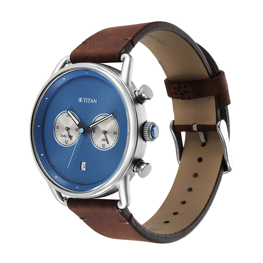 Titan Blue Dial Brown Leather Strap Analog Quartz Watch for Men