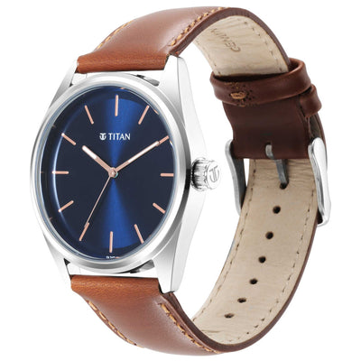 Titan Workwear Blue Dial Brown Leather Strap Analog Watch for Men