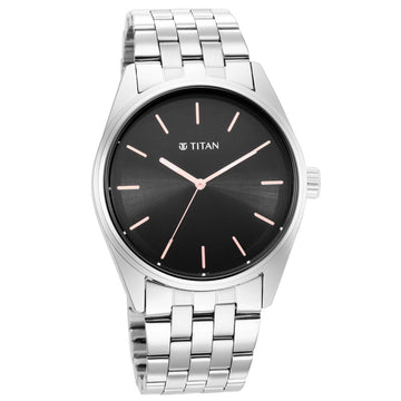 Titan Workwear Quartz Analog Black Dial Silver Stainless Steel Strap Watch For Men