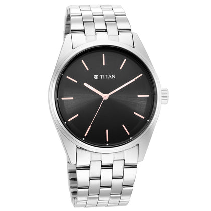 Titan Workwear Quartz Analog Black Dial Silver Stainless Steel Strap Watch For Men