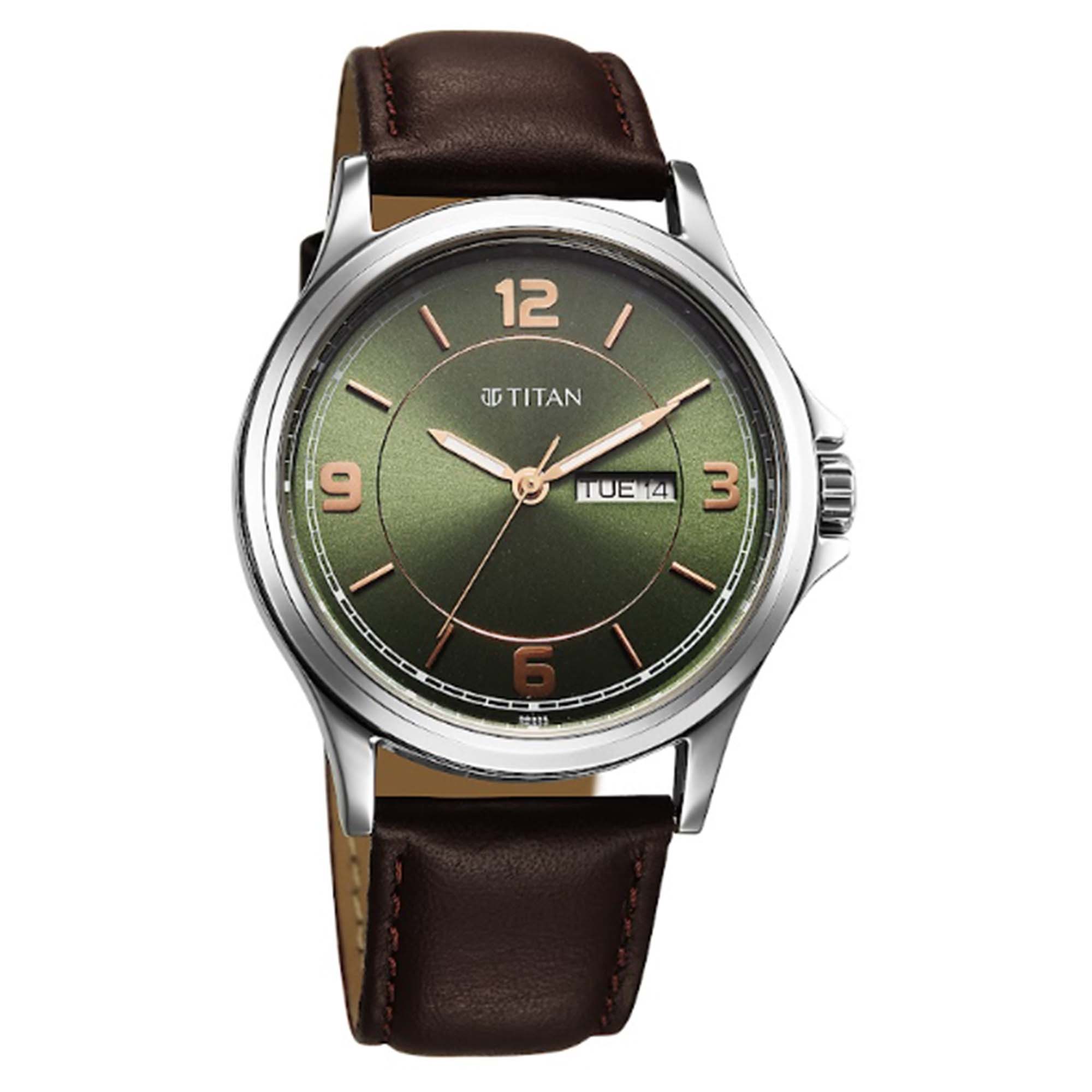Titan Workwear Green Dial Brown Leather Strap Analog with Day-Date Watch for Men