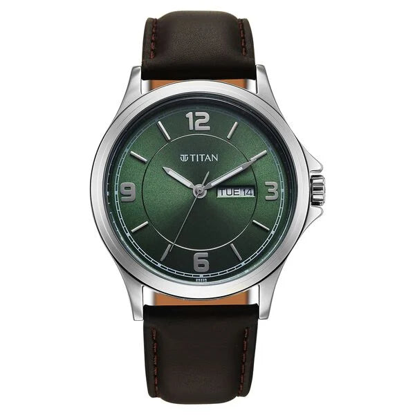 Titan Workwear Green Dial Brown Leather Strap Analog with Day-Date Watch for Men