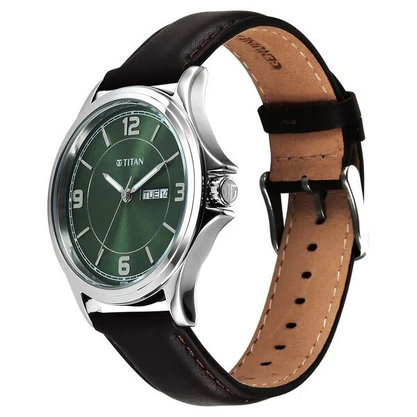 Titan Workwear Green Dial Brown Leather Strap Analog with Day-Date Watch for Men