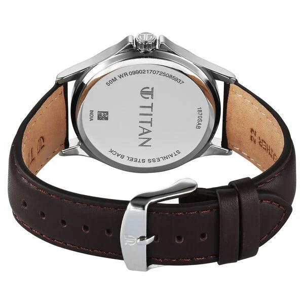 Titan Workwear Green Dial Brown Leather Strap Analog with Day-Date Watch for Men