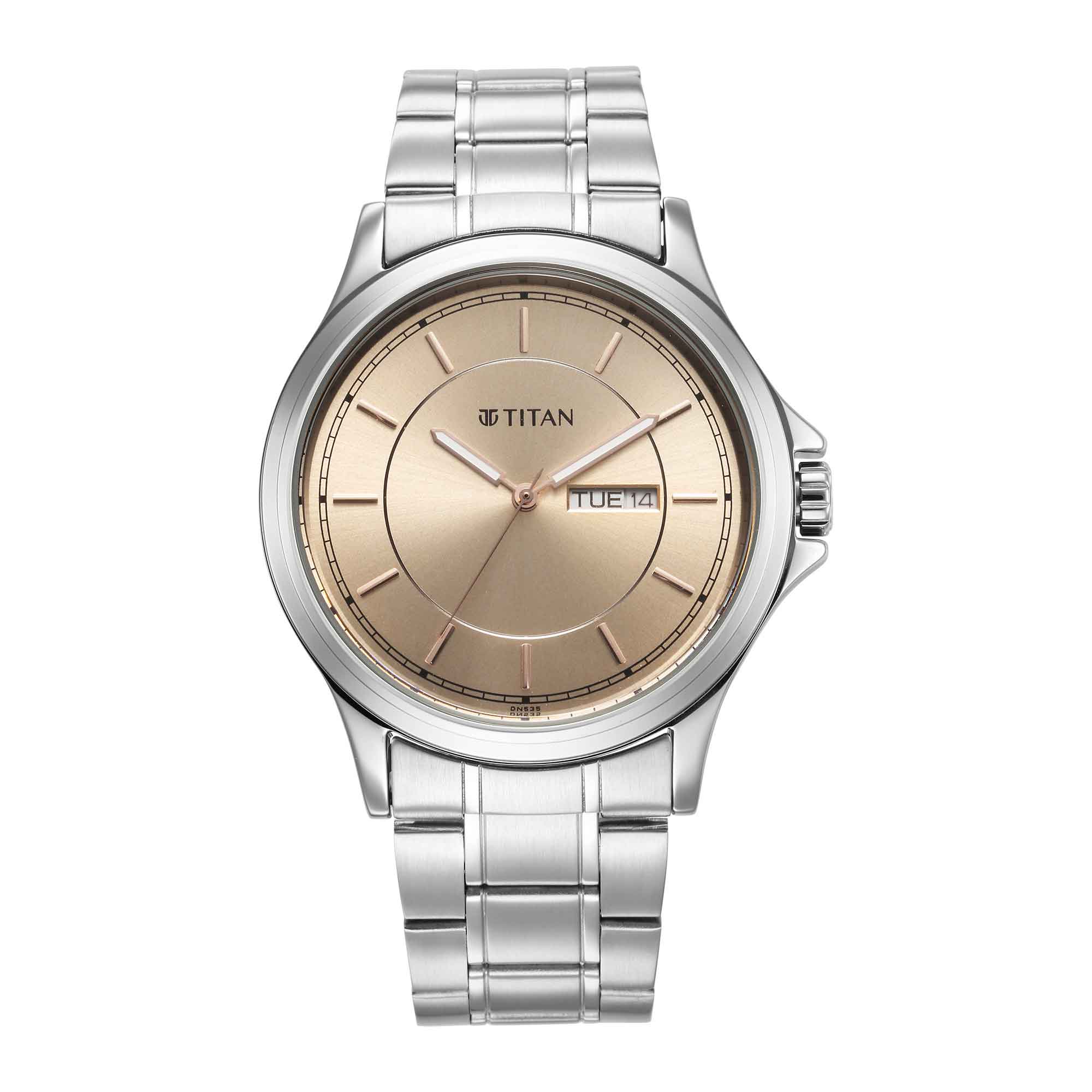 Titan Quartz Analog with Day and Date Rose Gold Dial Watch for Men