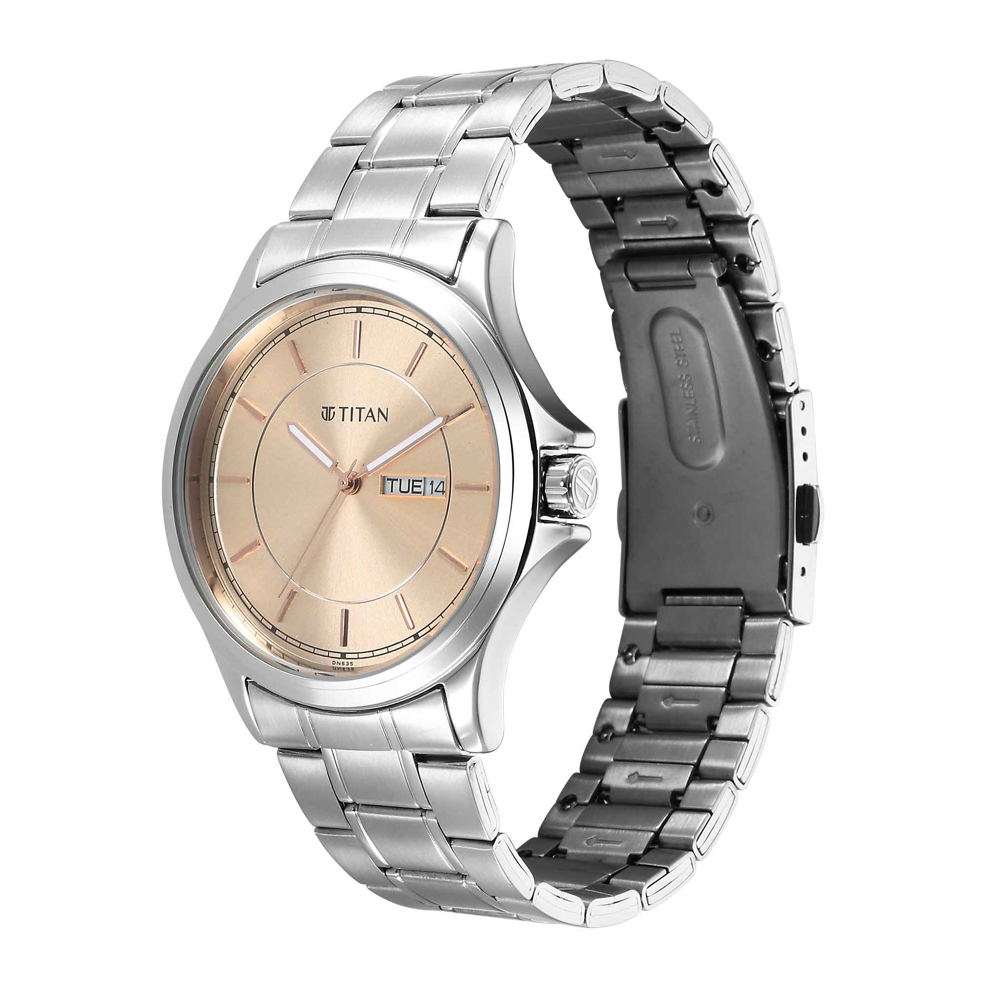 Titan Beige Dial Silver Metal Strap Analog with Day and Date Watch for Men