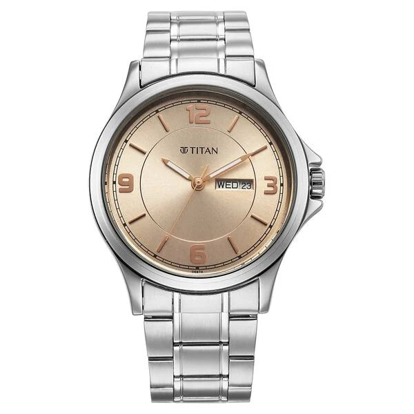 Titan Workwear Beige Dial Silver Stainless Steel Strap Analog with Date Watch for Men