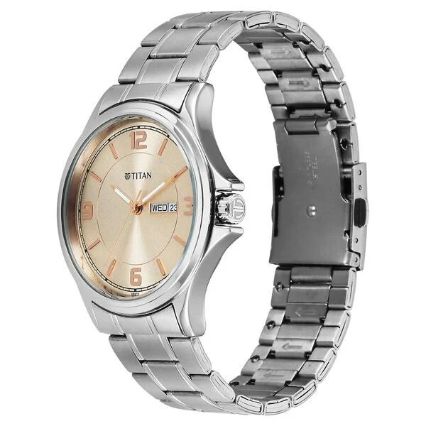 Titan Workwear Beige Dial Silver Stainless Steel Strap Analog with Date Watch for Men