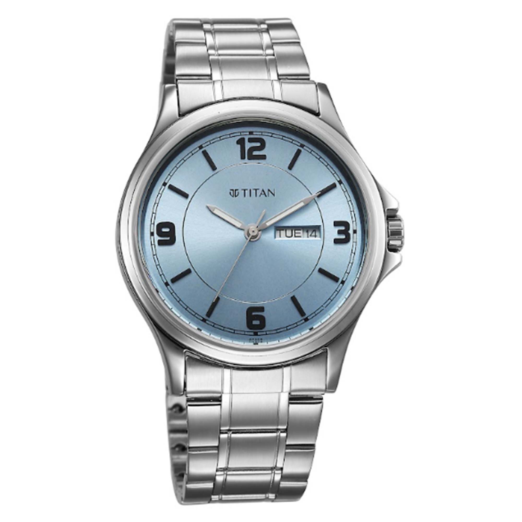 Titan Workwear Blue Dial Silver Stainless Steel Strap Analog with Day-Date Watch for Men