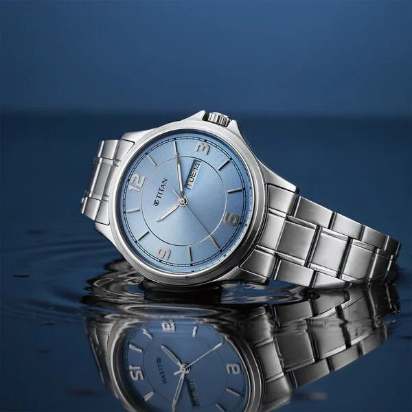 Titan Workwear Blue Dial Silver Stainless Steel Strap Analog with Day-Date Watch for Men