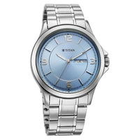 Titan Workwear Blue Dial Silver Stainless Steel Strap Analog with Day-Date Watch for Men