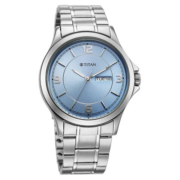 Titan Workwear Blue Dial Silver Stainless Steel Strap Analog with Day-Date Watch for Men