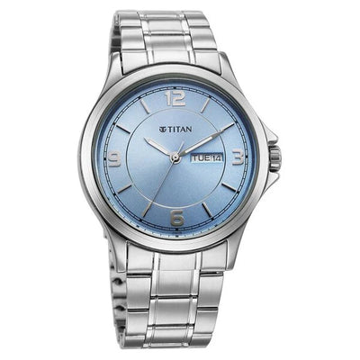 Titan Workwear Blue Dial Silver Stainless Steel Strap Analog with Day-Date Watch for Men