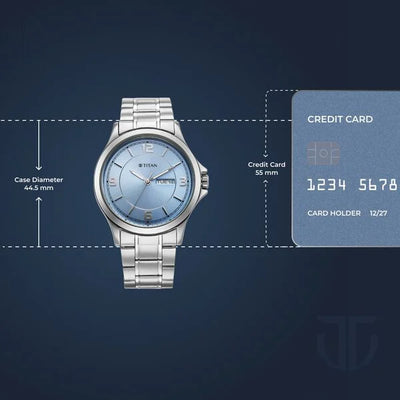 Titan Workwear Blue Dial Silver Stainless Steel Strap Analog with Day-Date Watch for Men