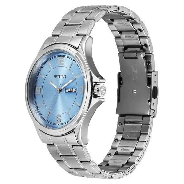 Titan Workwear Blue Dial Silver Stainless Steel Strap Analog with Day-Date Watch for Men