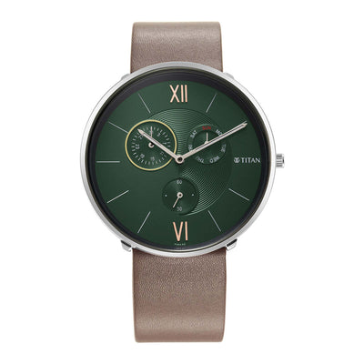 Titan Green Dial Brown Leather Strap Multifunction Watch for Men