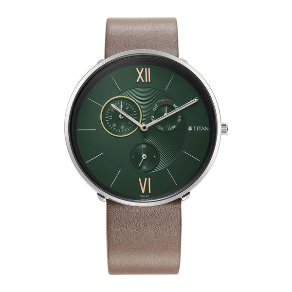 Titan Green Dial Brown Leather Strap Multifunction Watch for Men