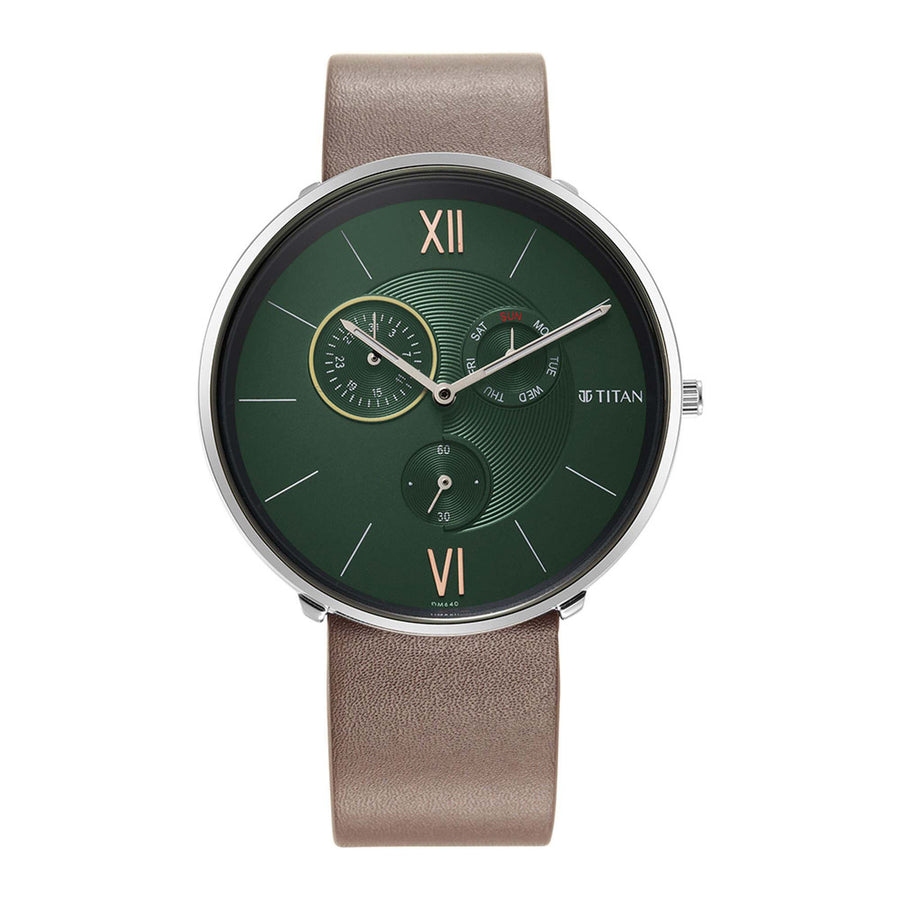 Titan Green Dial Brown Leather Strap Multifunction Watch for Men