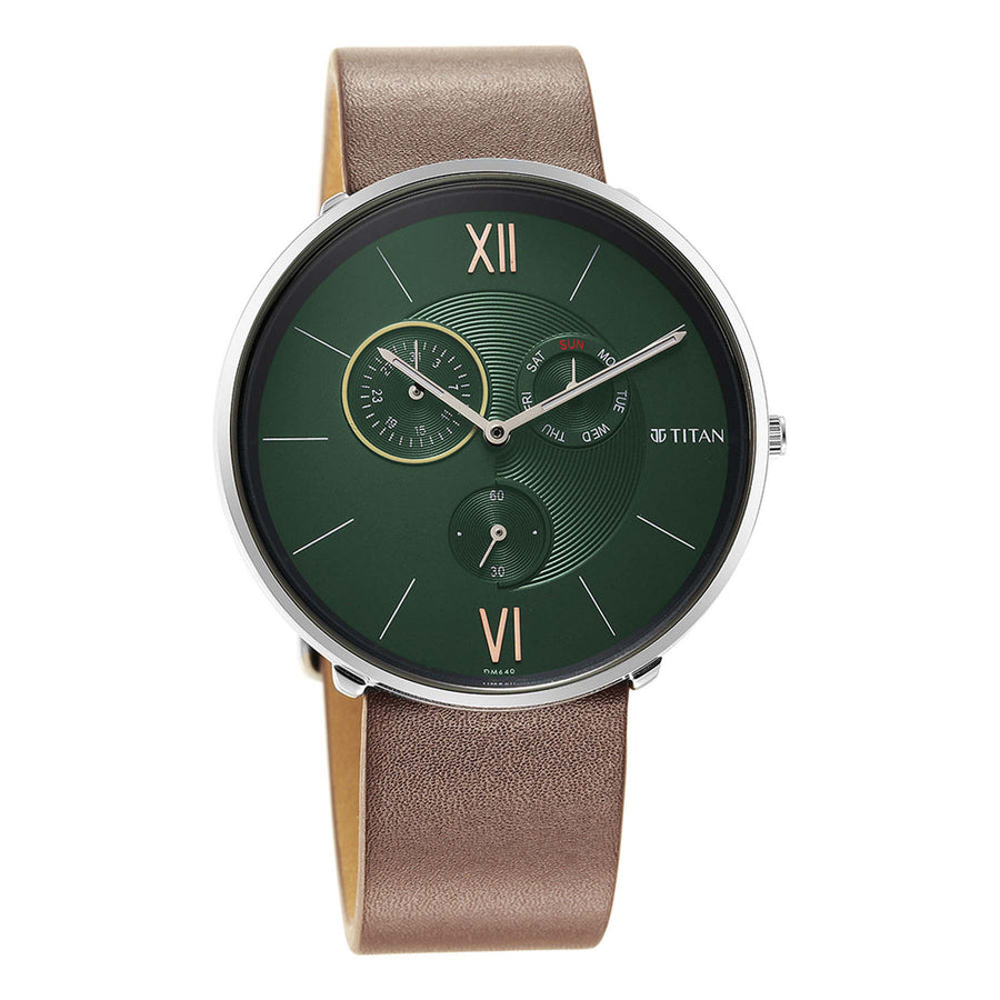 Titan Green Dial Brown Leather Strap Multifunction Watch for Men