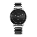 Titan Edge Fusion quartz analog watch for men with a black dial and a two-toned steel ceramic strap.