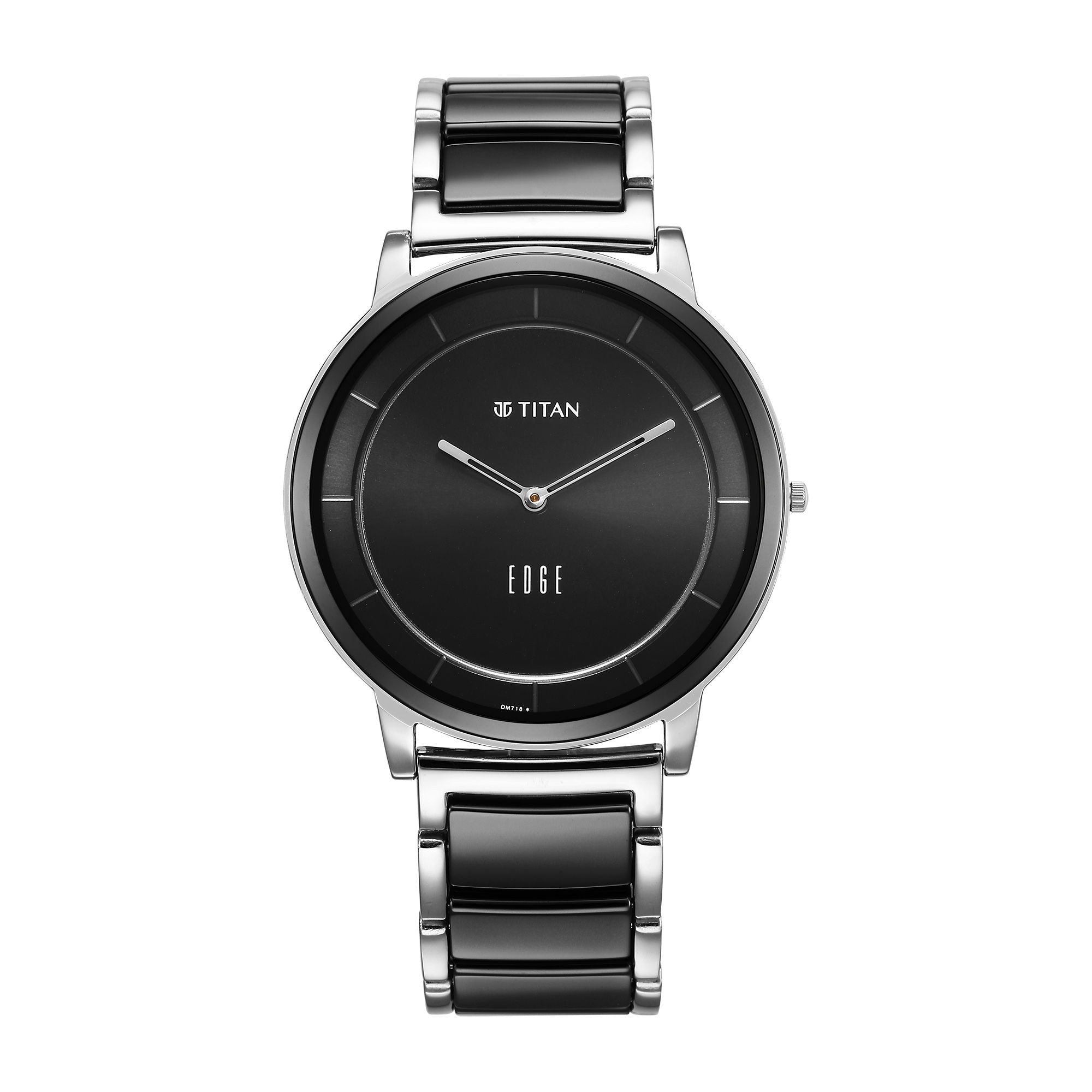 Titan Edge Fusion quartz analog watch for men with a black dial and a two-toned steel ceramic strap.