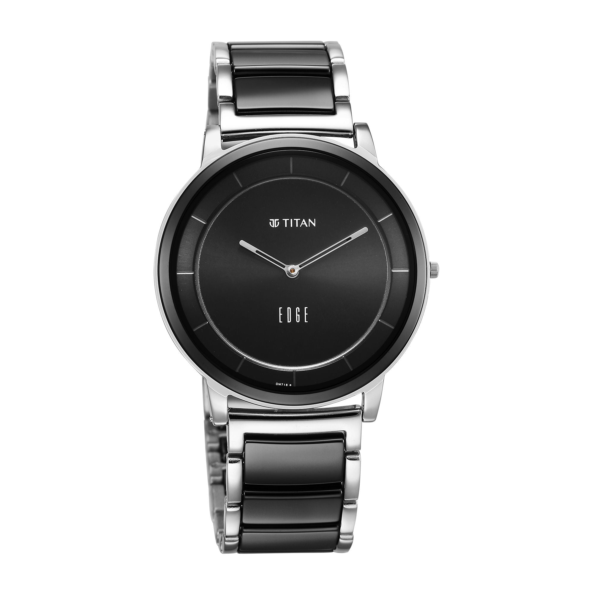 Rear view of Titan Edge Fusion quartz analog men's watch showing ceramic strap & engraved caseback.