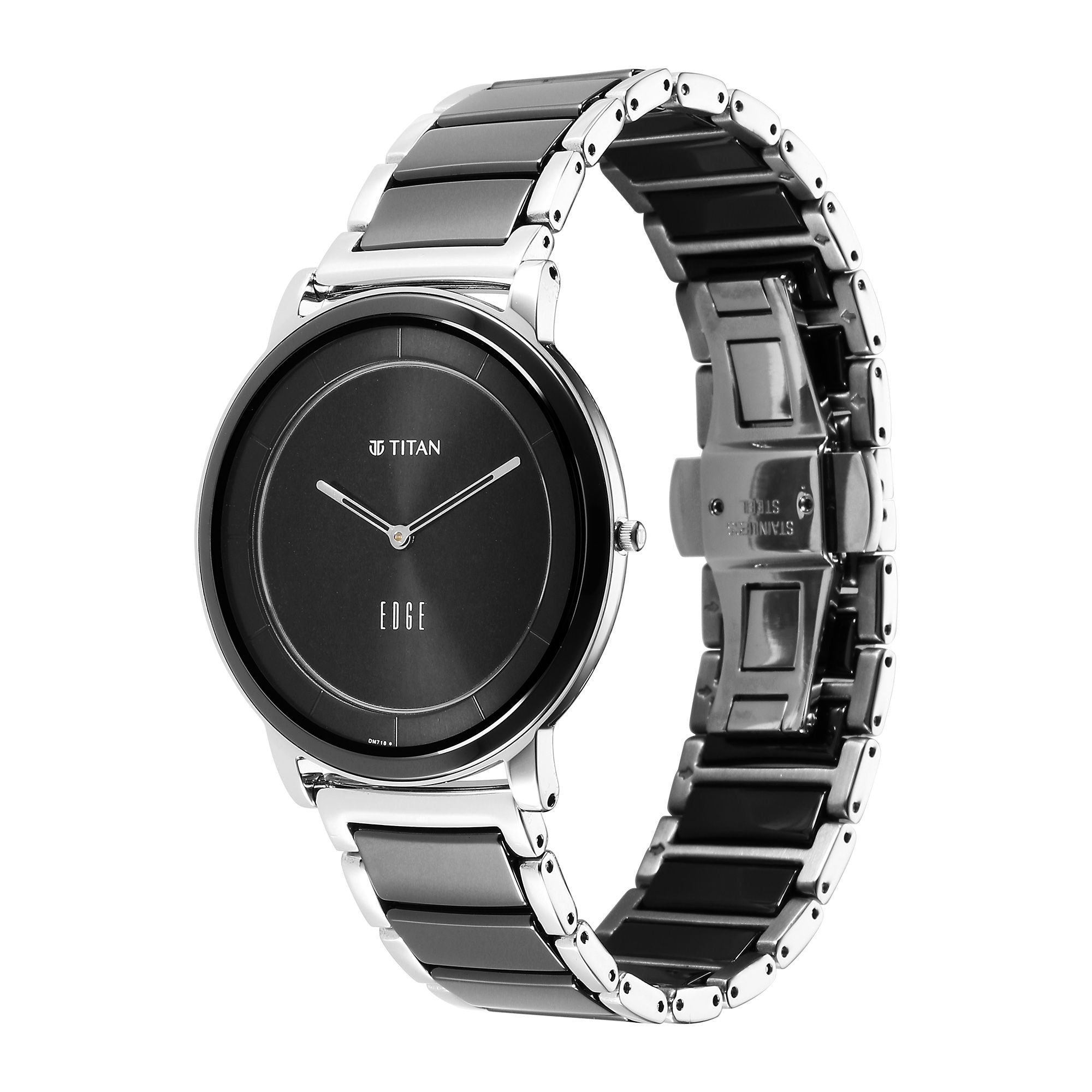 Angled view of Titan Edge Fusion quartz analog men's watch with black dial & two-toned steel strap.