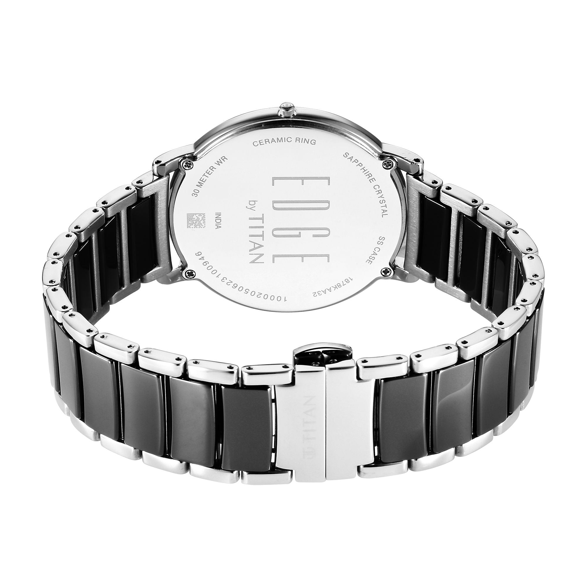 Front view of Titan automatic men's watch with skeleton black dial and stainless steel strap.