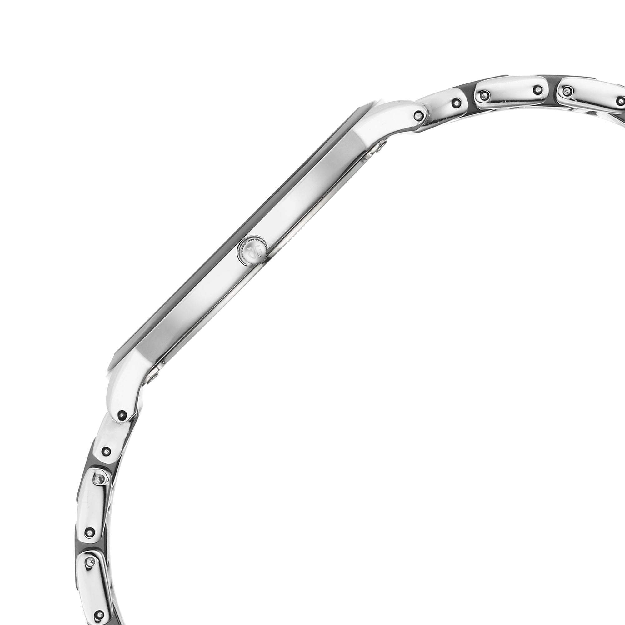 Ultra slim side view of Titan Edge Fusion quartz analog watch showing steel case and ceramic strap.