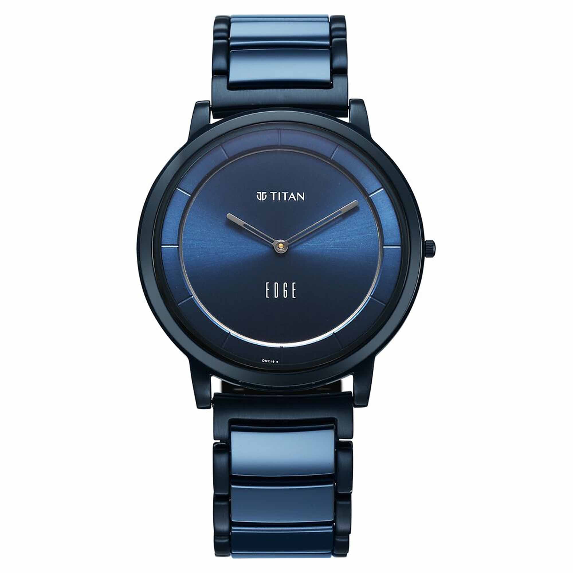 Slim Titan Edge Melange men's analog watch with blue sunburst dial & stainless steel ceramic strap.