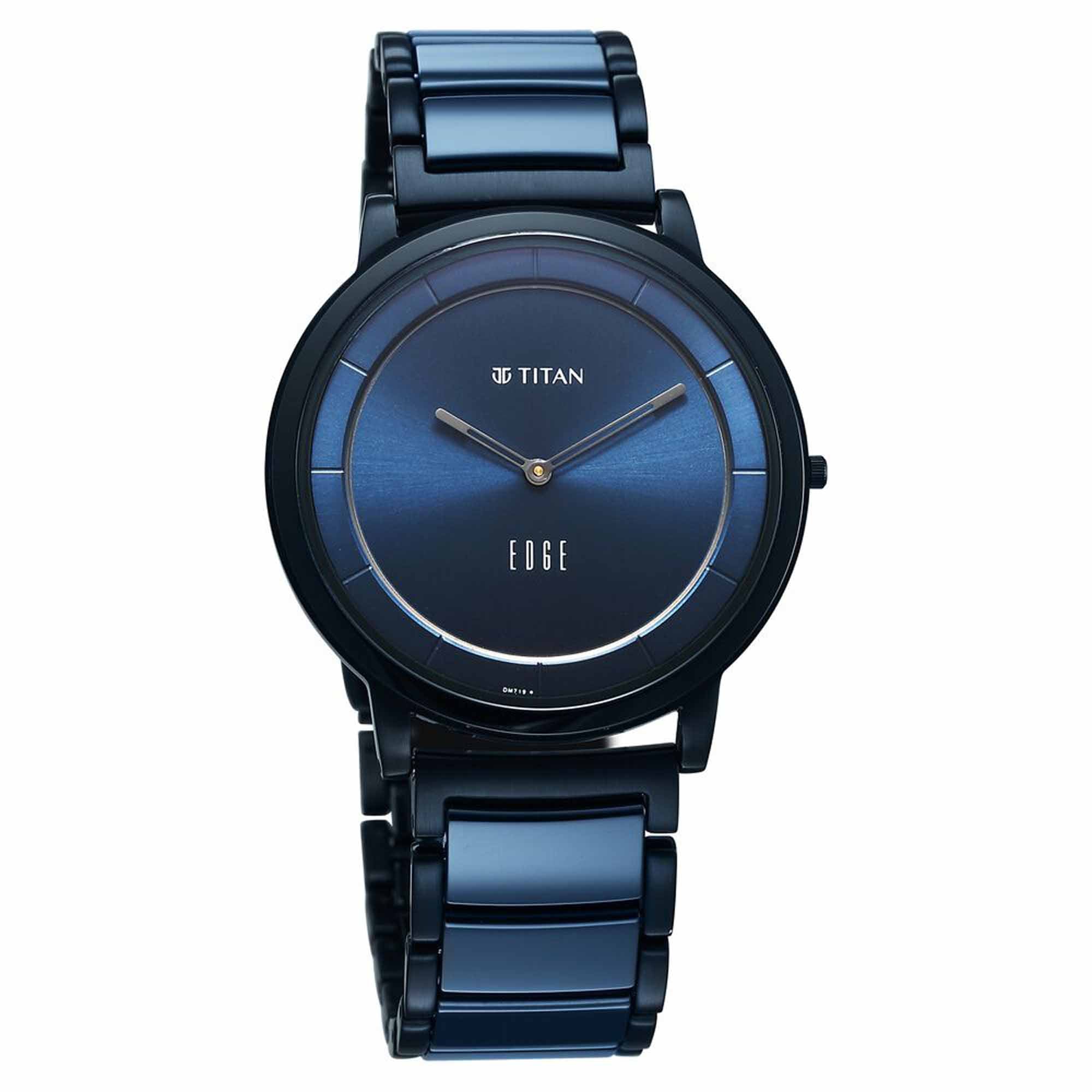 Midnight blue Titan Edge Melange analog men's watch with ultra-slim case and steel ceramic strap.