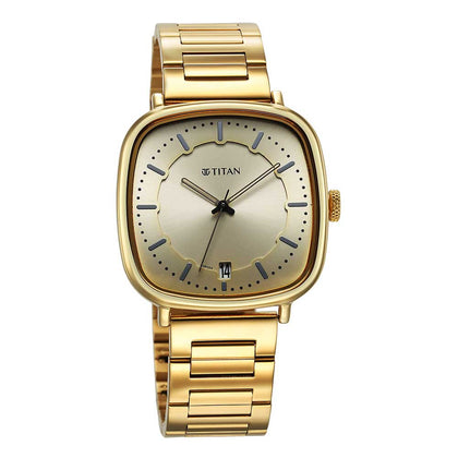 Titan Champagne Square Dial Gold Stainless Steel Strap Analog with Date Watch for Men