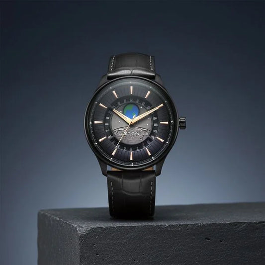 Titan Stellar Analog with Earth Disc and Gray Dial Gray Leather Strap Watch for Men