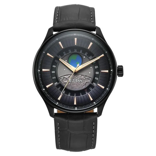 Titan Stellar Analog with Earth Disc and Gray Dial Gray Leather Strap Watch for Men