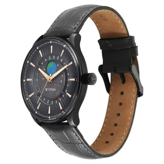 Titan Stellar Analog with Earth Disc and Gray Dial Gray Leather Strap Watch for Men