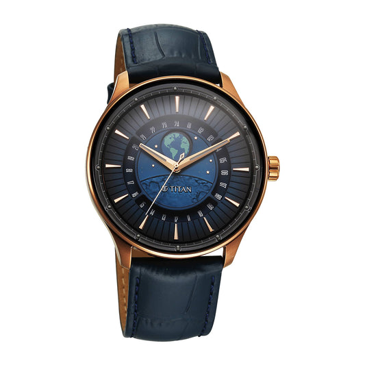 Titan Stellar - 3 Blue Round Dial Leather Strap Watch For Men