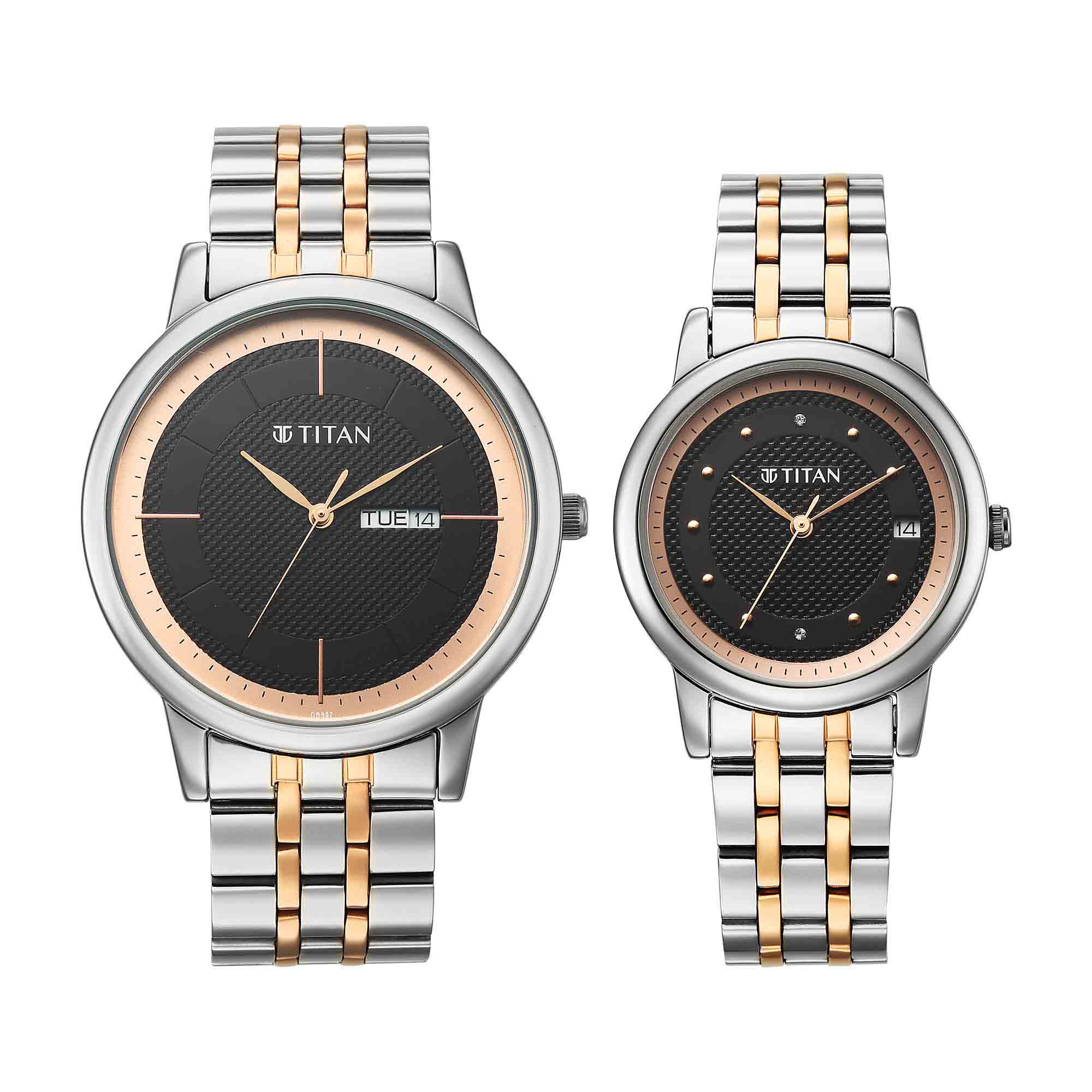 Titan Black Dial Two Toned Stainless Steel Strap Analog with Day and Date Watch for Couple