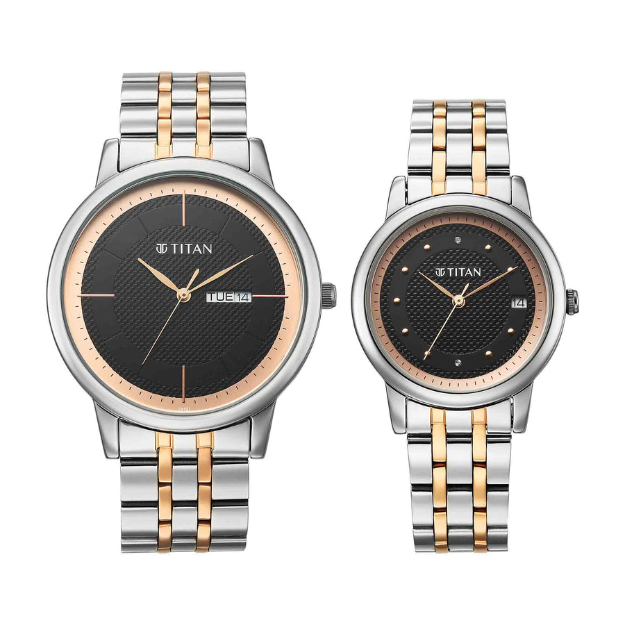 Titan Black Dial Two Toned Stainless Steel Strap Analog with Day and Date Watch for Couple