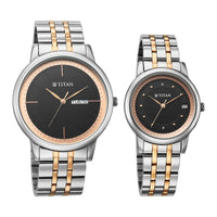 Titan Black Dial Two Toned Stainless Steel Strap Analog with Day and Date Watch for Couple