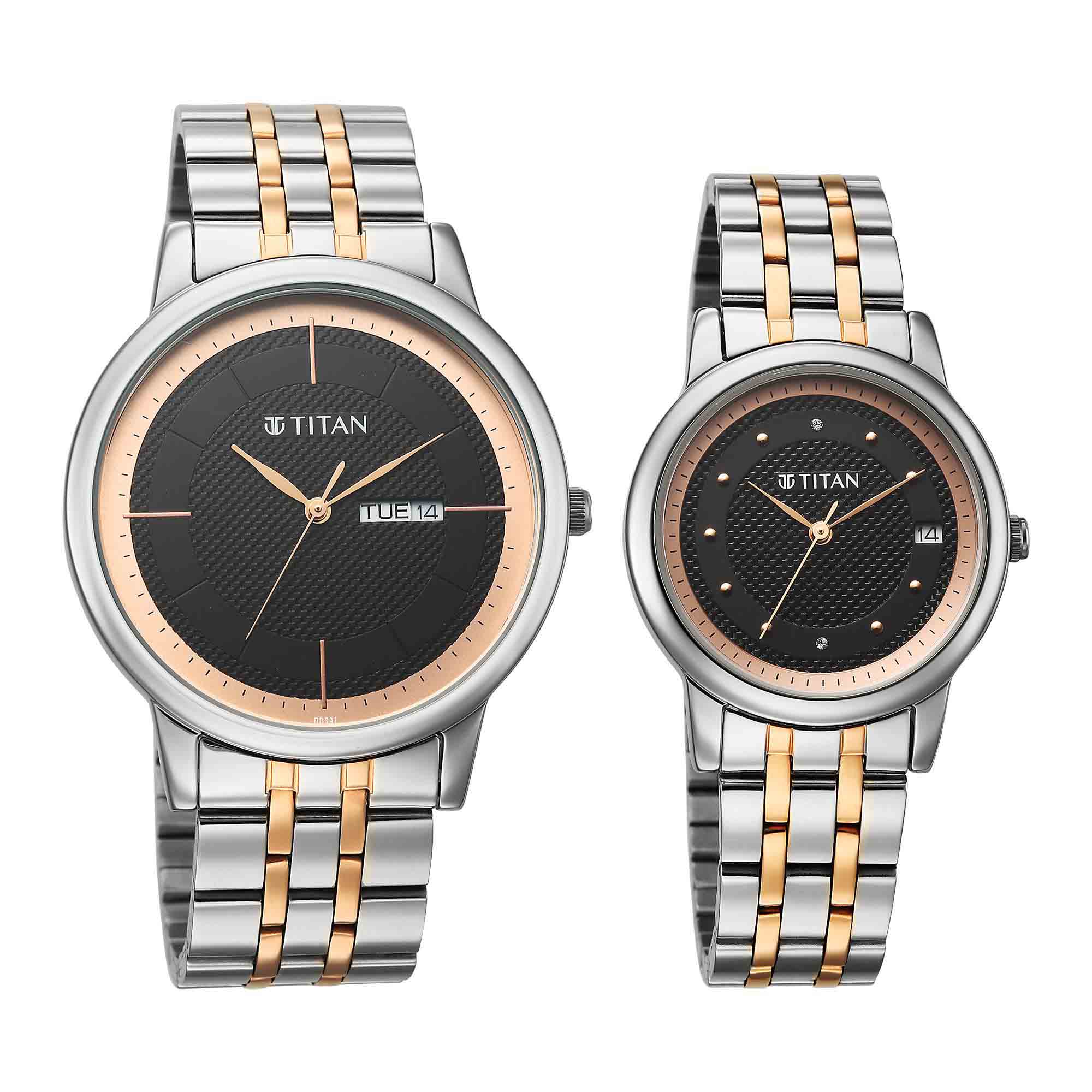 Titan Black Dial Two Toned Stainless Steel Strap Analog with Day and Date Watch for Couple