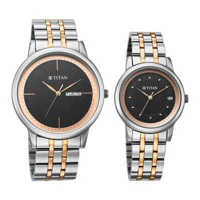 Titan Black Dial Two Toned Stainless Steel Strap Analog with Day and Date Watch for Couple