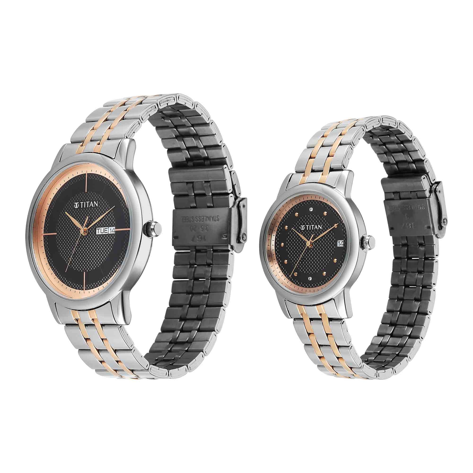 Titan Black Dial Two Toned Stainless Steel Strap Analog with Day and Date Watch for Couple