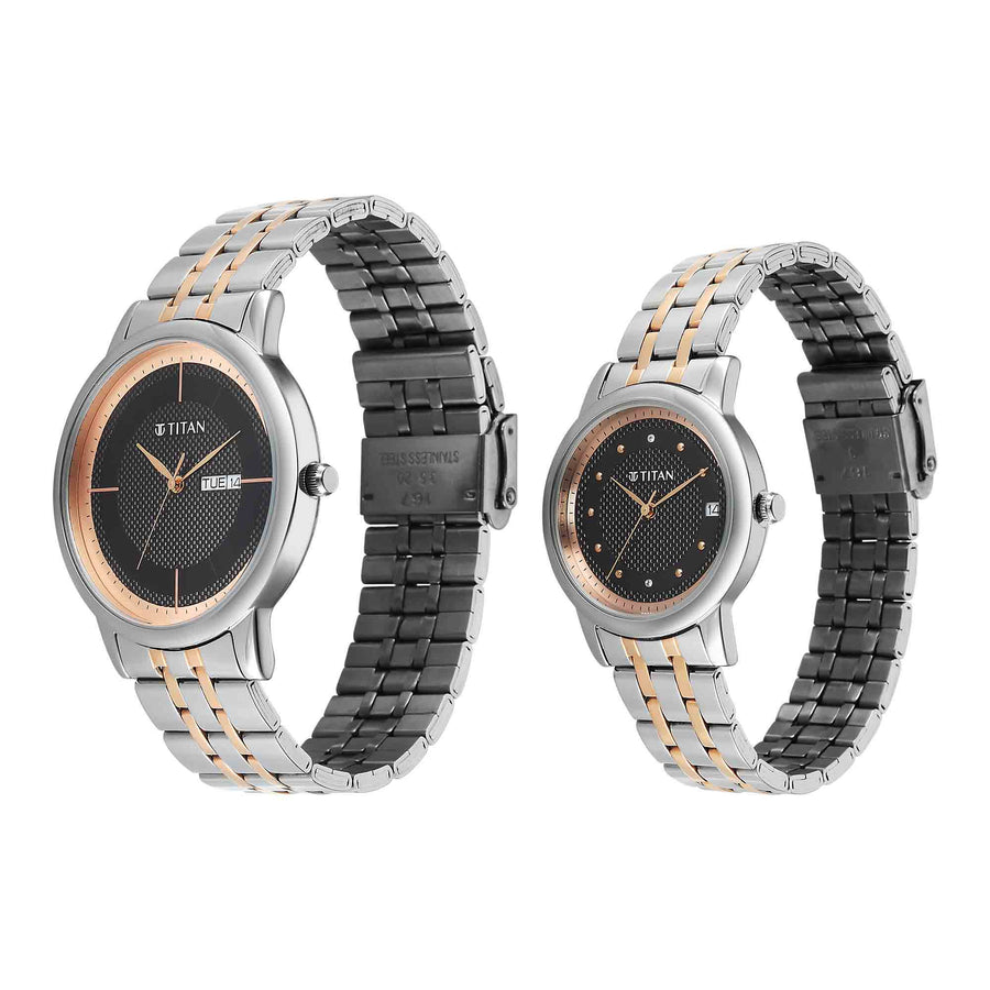 Titan Black Dial Two Toned Stainless Steel Strap Analog with Day and Date Watch for Couple