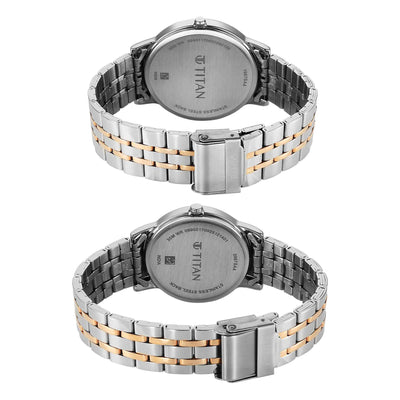 Titan Black Dial Two Toned Stainless Steel Strap Analog with Day and Date Watch for Couple