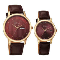 Titan Maroon Dial Leather Strap Analog with Day and Date Watch for Couple