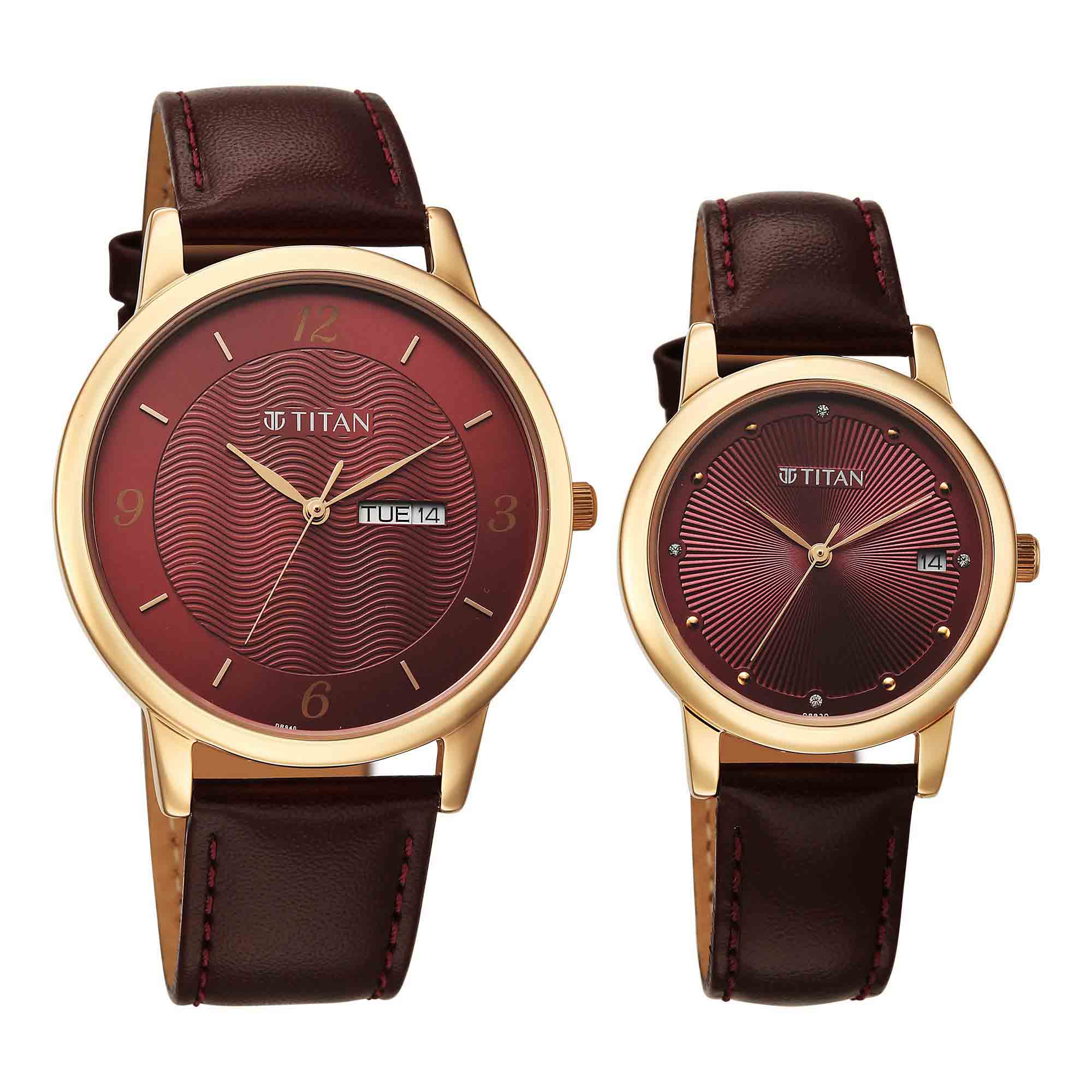 Titan Maroon Dial Leather Strap Analog with Day and Date Watch for Couple